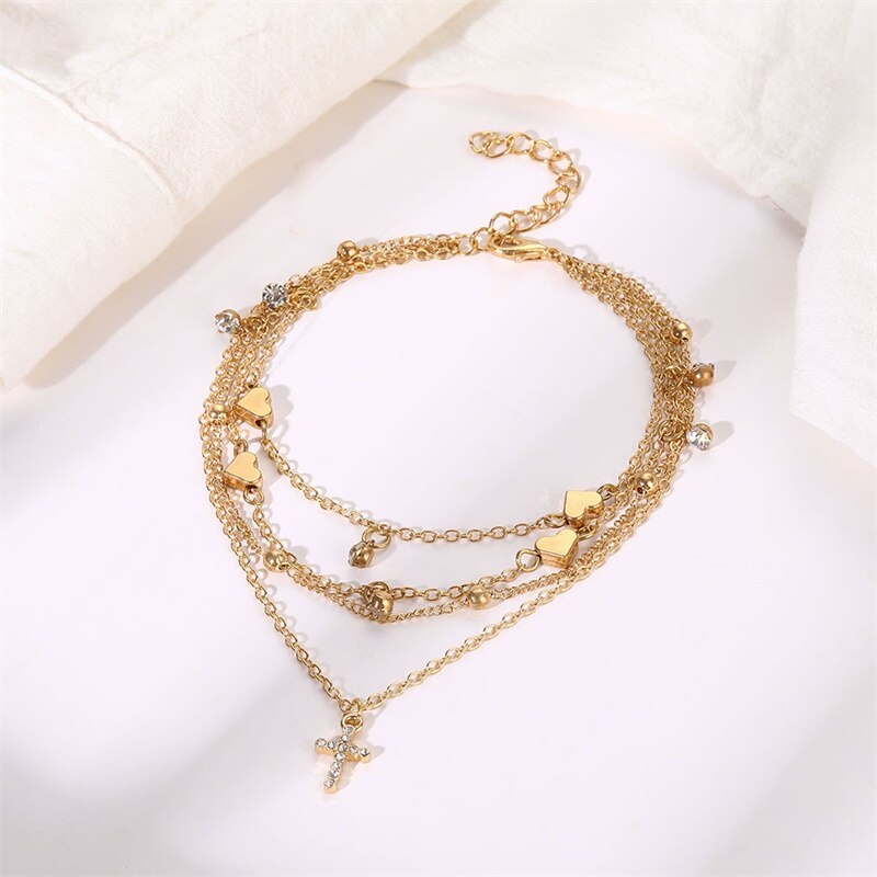 Bracelet de cheville croisé en cristal doré pour femmes, bijoux d&#39;été, multicouches, chaîne de pied, accessoires de plage