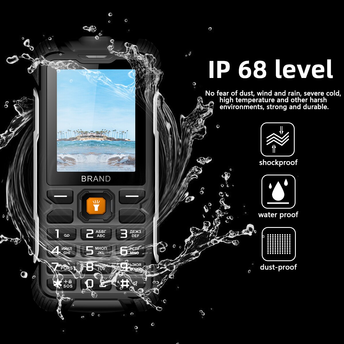 EAOR IP68 Waterproof Mobile Phone 2G Rugged Phone 3000mAh Battery Power Bank Push-button Keypad Phones Feature Phones with Torch