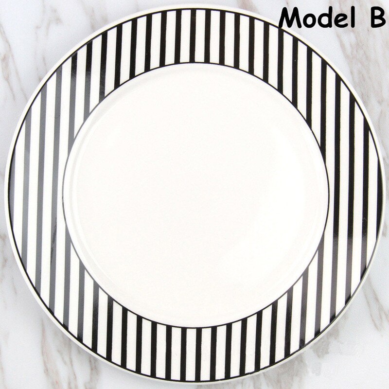 Assiette plate à figures géométriques, style simple, plat à salade, plateau à nourriture en céramique, assiette à pâtes, vaisselle, plat à petit-déjeuner, noir et blanc: Modèle b