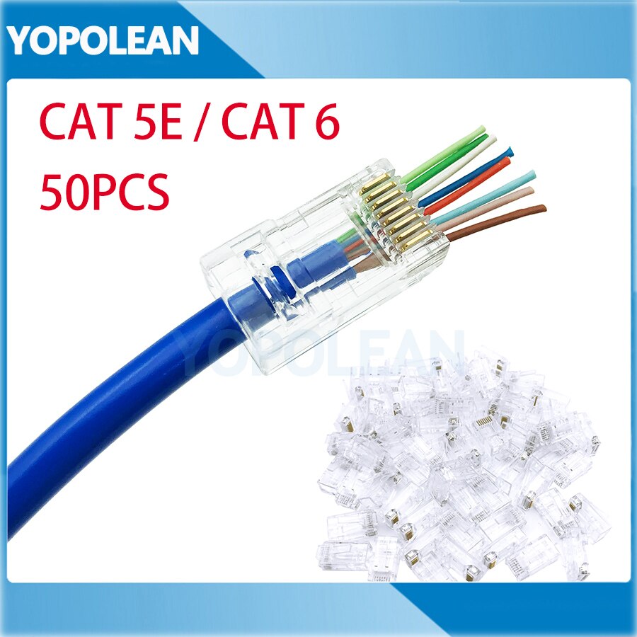 50 Stks/partij RJ45 Kat 5E Kat 6 Netwerk Modulaire Plug 8P8C CAT5E CAT6 Ethernet Kabel Connector Vergulde Passeren