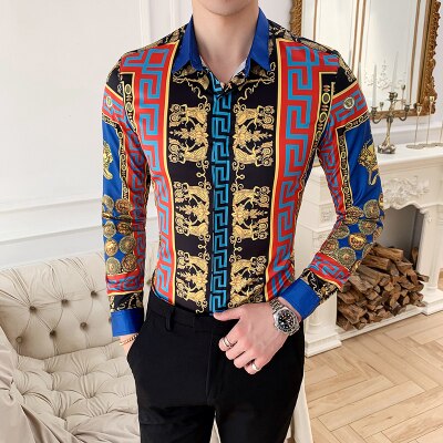 Blumen- Männer Hemd Neue Druck Männer Luxus Hemden schlank passen lässig Langarm Geschäft Hemd Homme M-4XL: Blau / XXXL