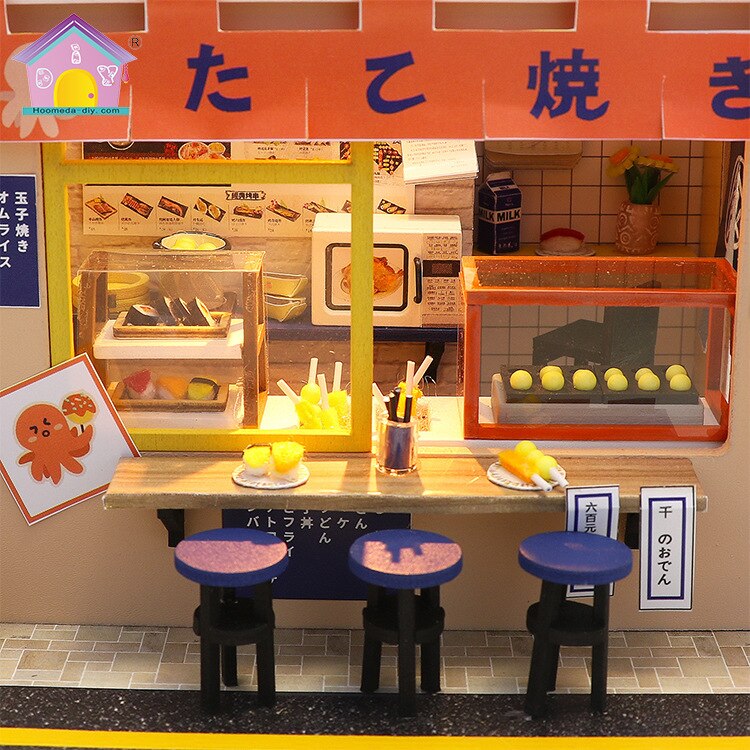 Hoomeda-diy japansk stil diy hytte xinxin takoyaki tre gourmet butikk modell håndlagde monterte leker