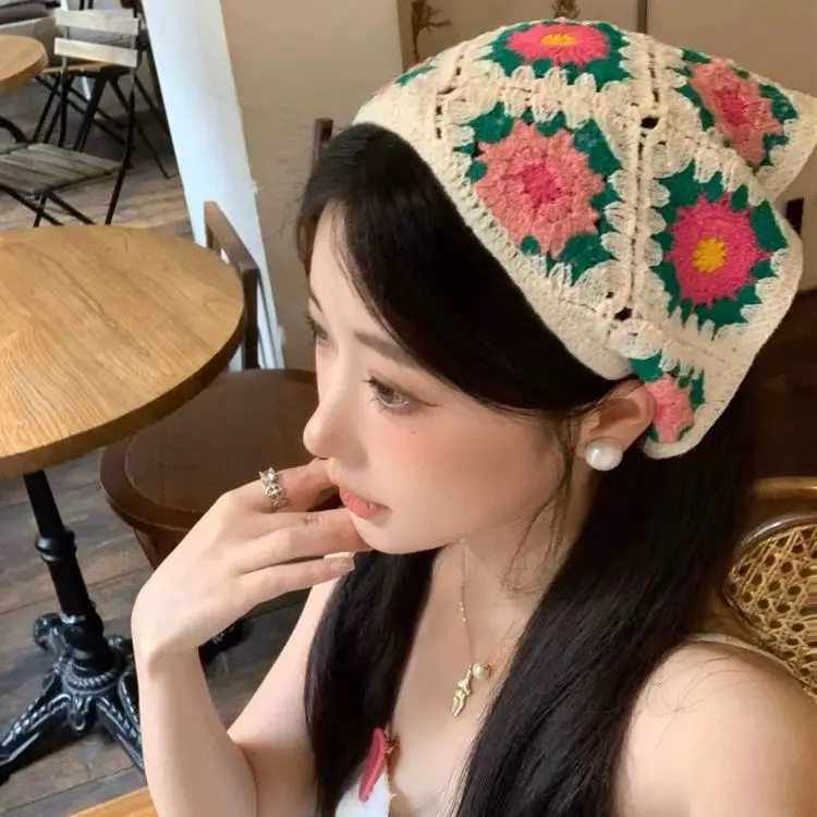 Korean Sweet Cute Handmade Crochet Hollow Triangle Headband Towel Women Spring and Summer Travel Literary Photo Hair Scarf