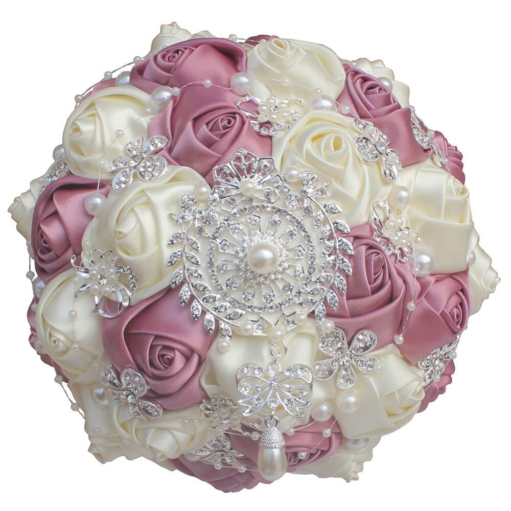 WifeLai-A Handmade Rose Satin Wedding Bridal Holding Flowers Luxury Wedding Bouquets Crystal Wedding Flower Bouquet W1727A: 15cm nude pink ivory