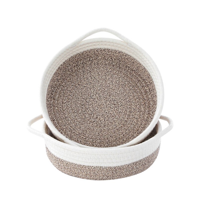 Paquete de 2 cestas de cuerda de algodón, canasta de almacenamiento tejida pequeña, bandeja de tela, tazón, plato abierto redondo para frutas, joyería, llaves: White   Light Brown