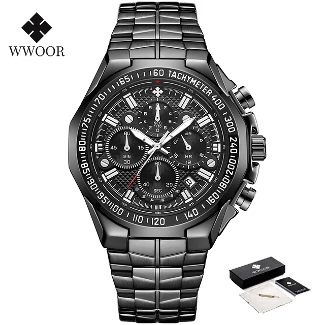 2024 WWOOR herren Uhr Top Luxus Schwarz Armbanduhr Sport Chronograph Stahl Quarz Männer Uhren Relogio Masculino