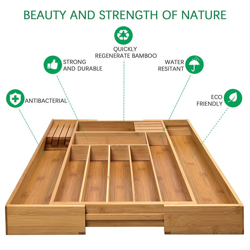 Bamboo Expandable Drawer Organizer, Premium Cutlery and Utensil Tray, Bamboo, Adjustable Kitchen Drawer Divider