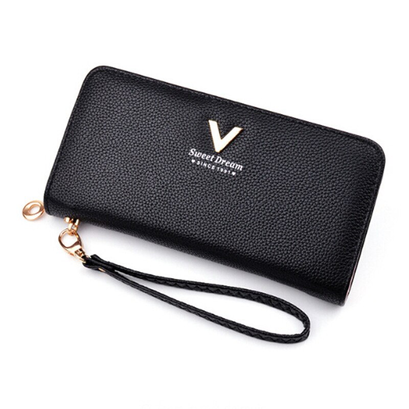 V Brief Polsband Vrouwen Lange Clutch Portemonnee Grote Capaciteit Portefeuilles Vrouwelijke Portemonnee Dame Portemonnees Telefoon Pocket Kaarthouder Carteras: black