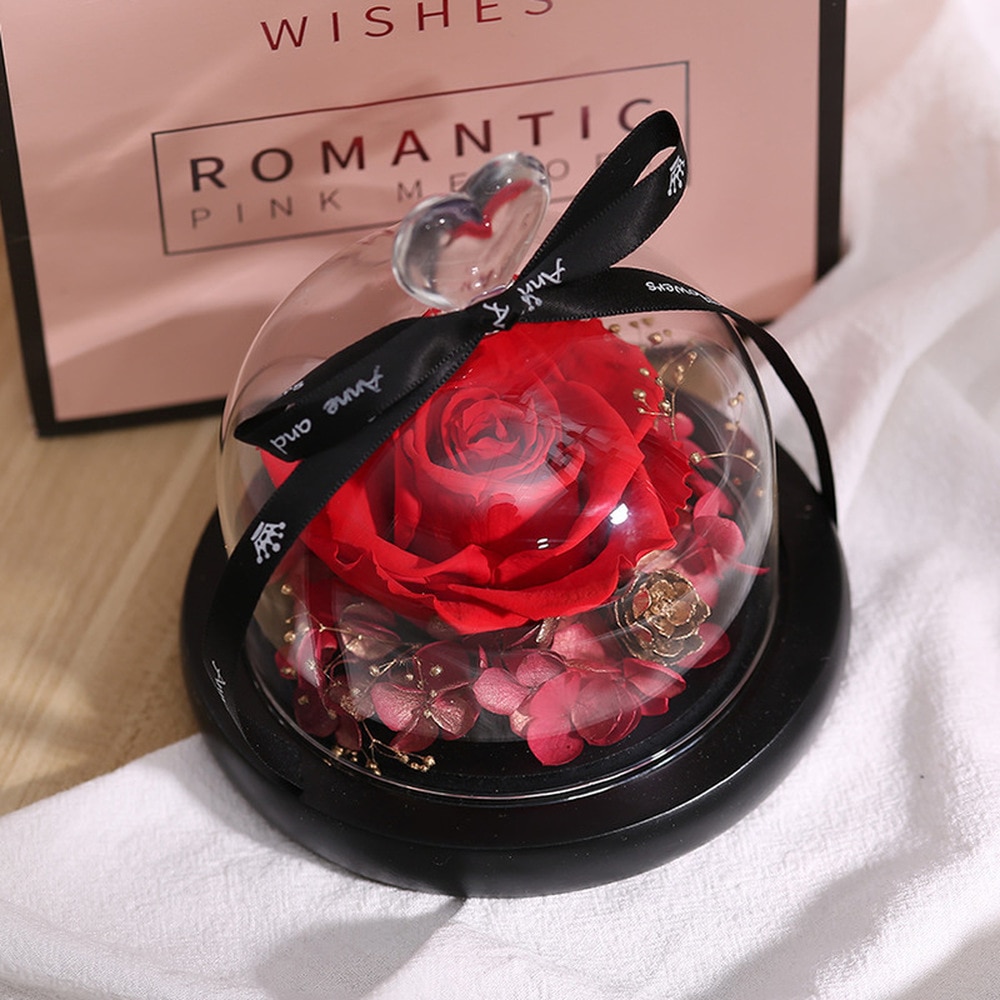 La belle et la bête Rose éternelle en flacon dôme en verre pour saint valentin décoration fête de mariage fête des mères