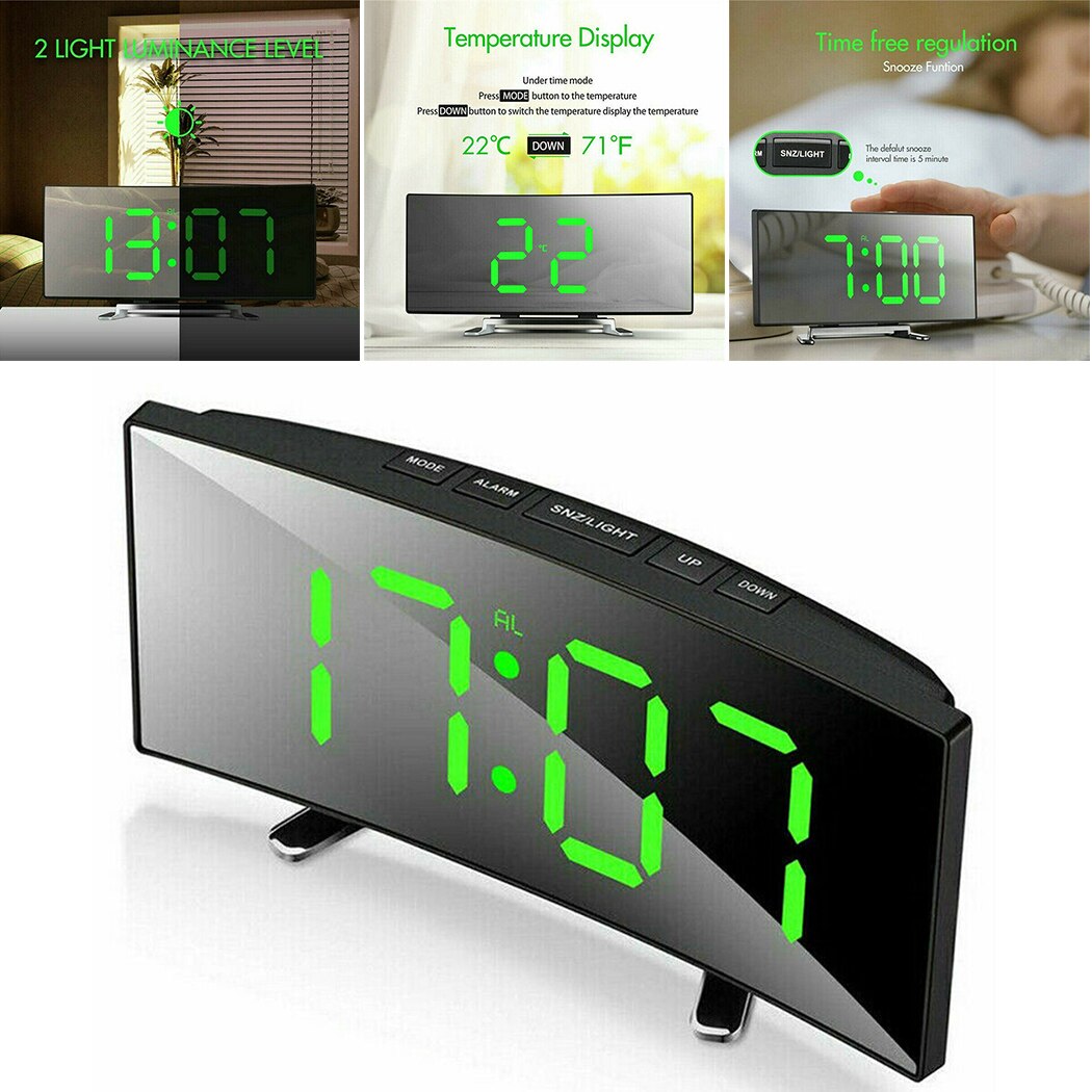 Electronic Digital Alarm Clock Quiet Noiseless Large LED Display Mirror Surface Powered W/ USB Charging Cable/ Battery(Without)