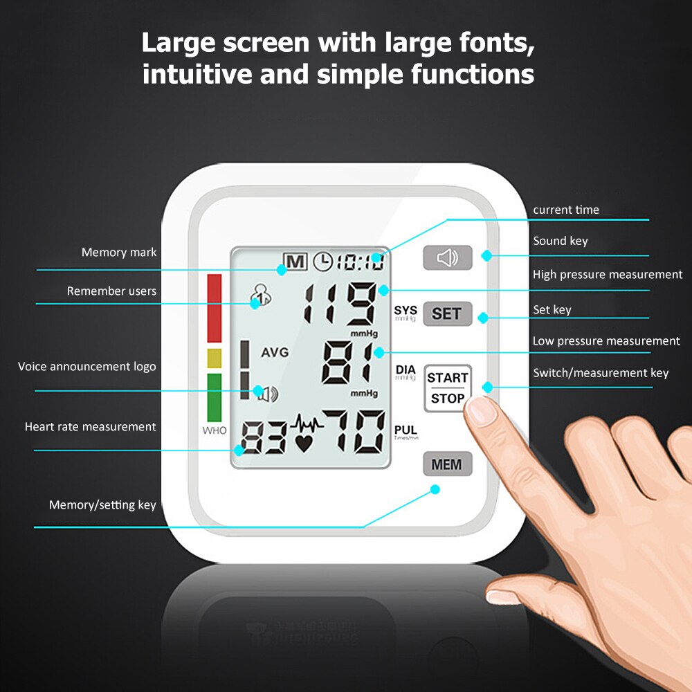 LCD Display Upper Arm Automatic Digital Blood Pressure Monitor Cuff Home Sphygmomanometers Measurement Blood Pressure HH