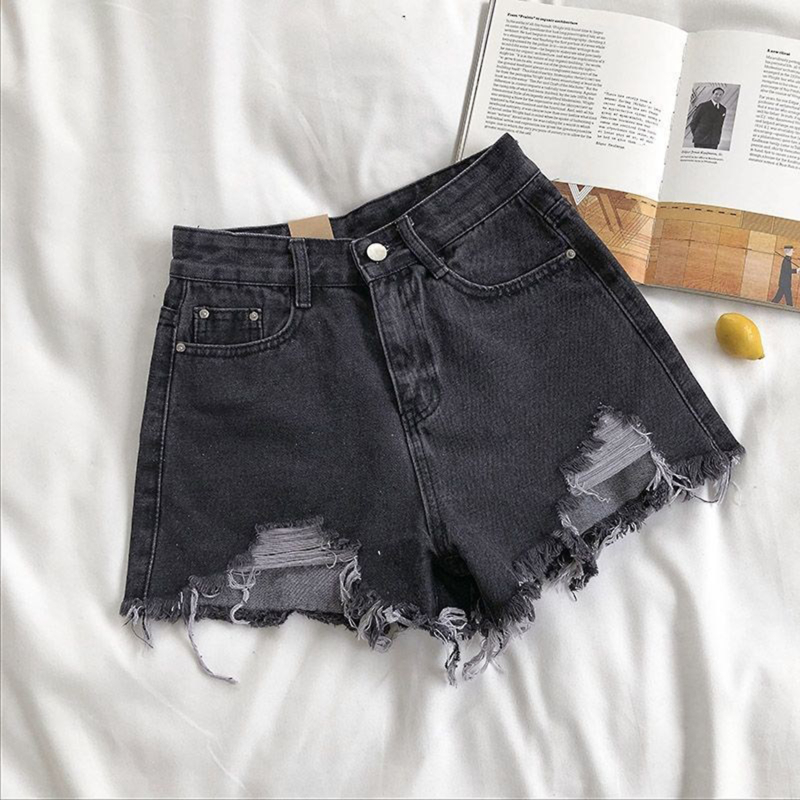 Short en jean taille haute à jambes larges pour femmes, denim coréen, trous, féminine, , décontracté, rue, court, , 2024: XL / BLEU CIEL