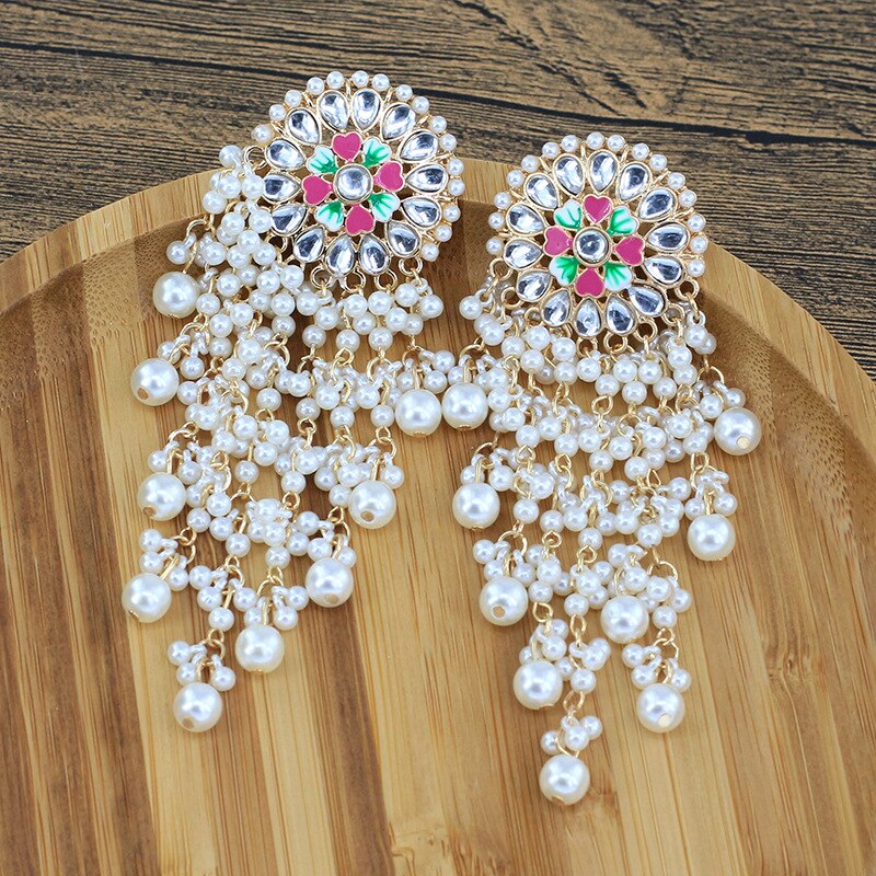 Ethnische Schmuck Bollywood Traditionellen Indischen Perle Jhumki Ohrringe für Frauen Bohemien groß Lange Quaste Aussage Ohrring Arabischen