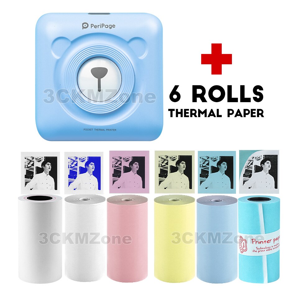 Portable Bluetooth Photo Picture Printer 58mm Mini Wireless Connection Pocket Peripage Printer For Children Kids Christmas: Blue-6-ROLLS Pape