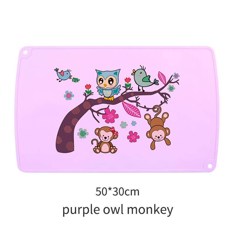 Kids Table Placemats Cartoon Animal Print Waterproof Food Grade Silicone Non-slip Table Mats Anti-scald Baby Feeding Pad 30*50cm: purple owl monkey