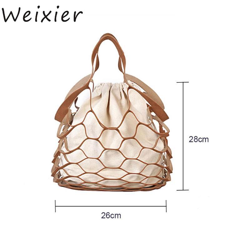 Weixier Holle Mesh Lederen Stro Bag Sac A Main Trekkoord Strand Schouder Emmer Tas Dames Eenvoudige Vis Tassen Voor LL-79