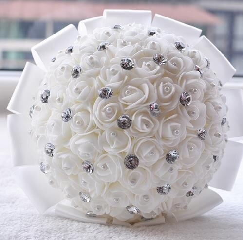 Ramo de flores artificiales para dama de honor, hermoso ramo de flores de boda, blanco, marfil, azul, rojo, cristal, ramos de novia: Blanco