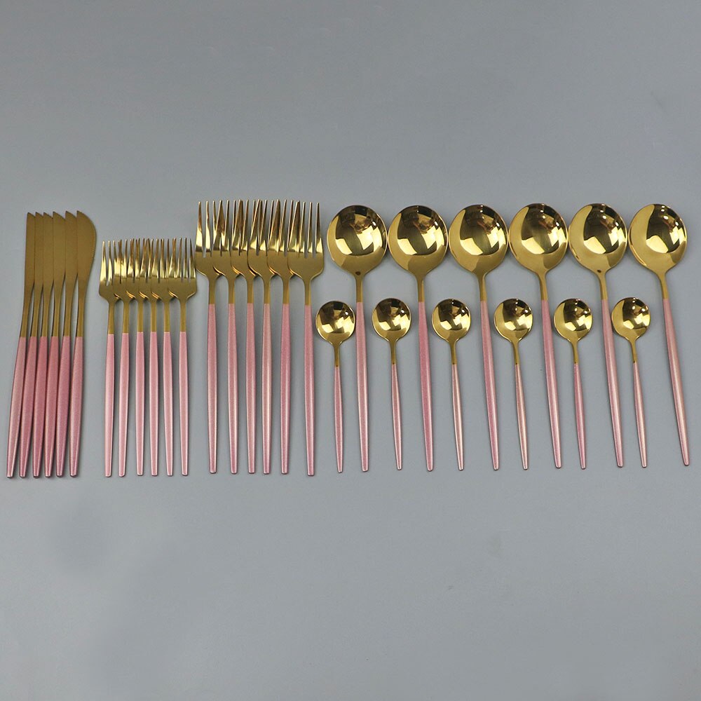 30 st svart guld servis set 18/10 rostfritt stål porslin bestick set enkel middag kniv gaffel sked cutler: Rosa guld