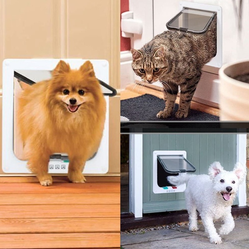 Dog Gate Cat Flap Door 4 Way Lockable Security Entrance Exist Door Plastic Small Dog Door Kit for Doghouse Kennel Pet Supplies