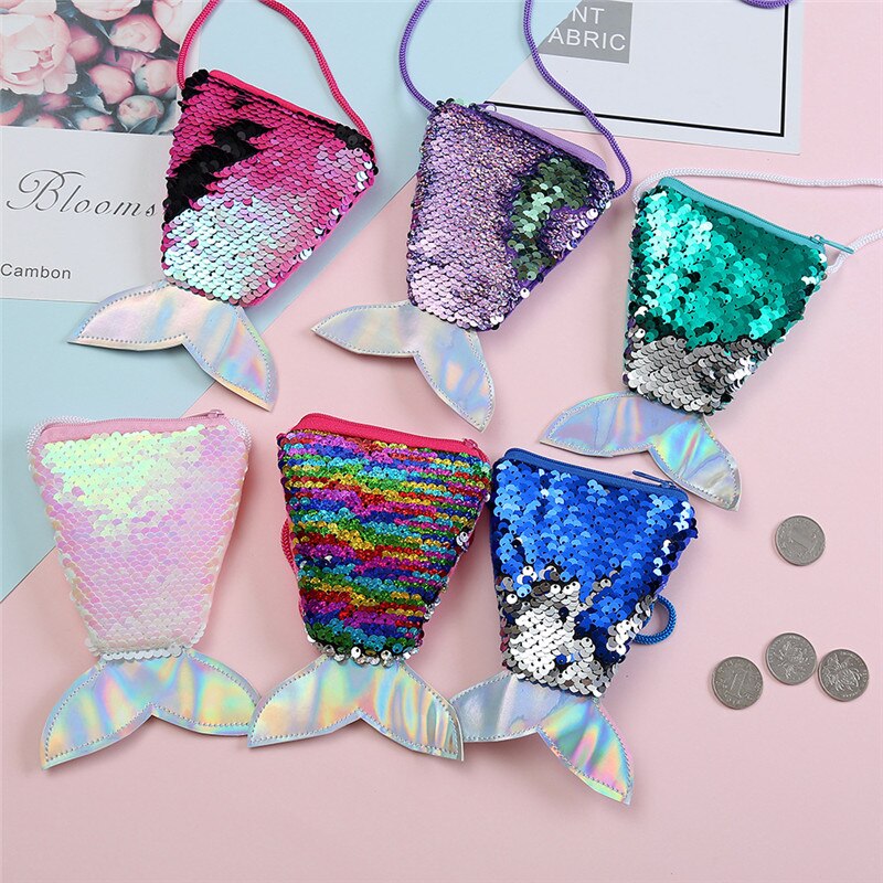 Kids Mermaid Tail Shape Sequins Mini Shoulder Bag Zipper Coin Purse