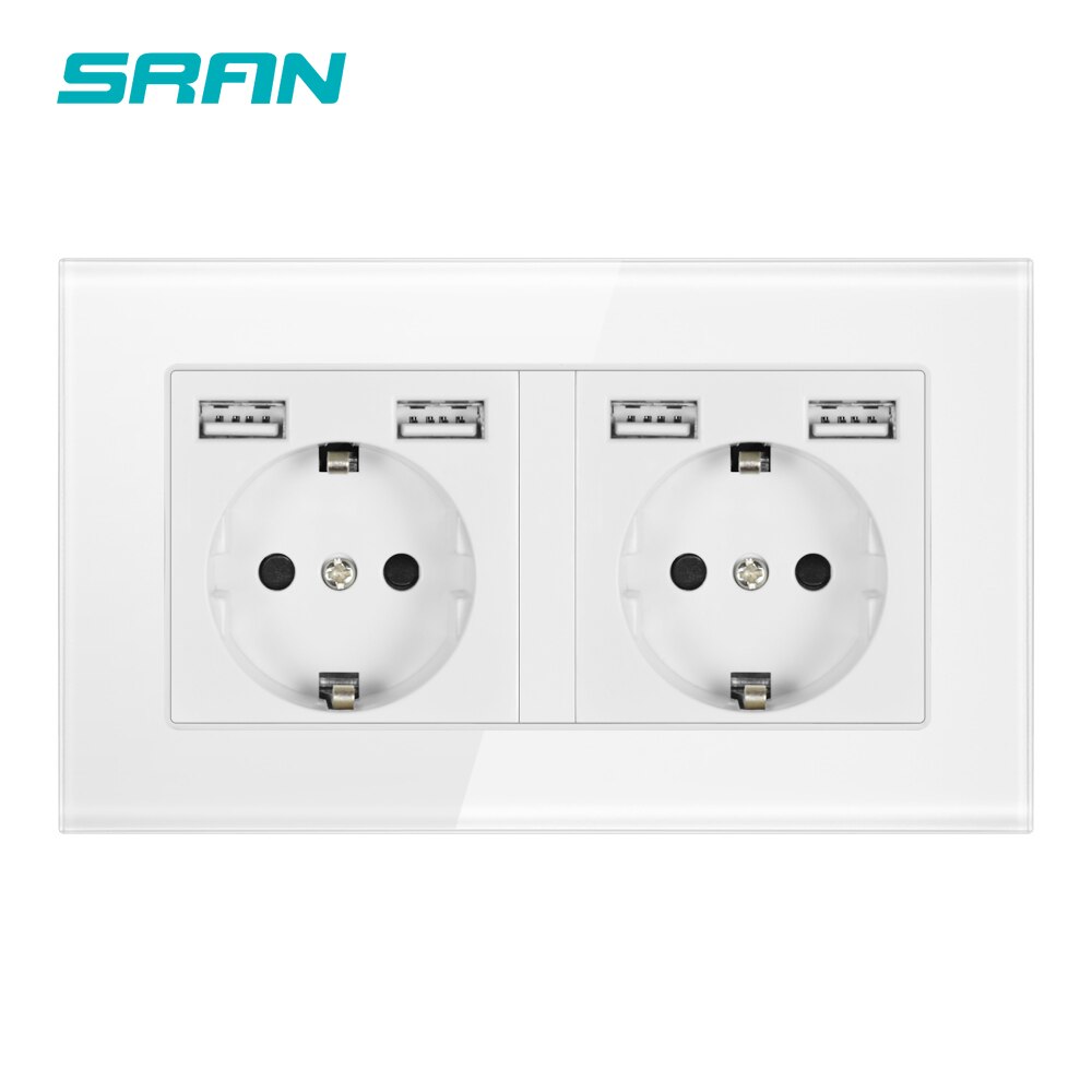 Sran eu standard vägg flerrams eluttag med usb-kontakt jordad svart glas dubbel usb-uttag 4 laddningsportar: 146 a6 vita 2 geuusb