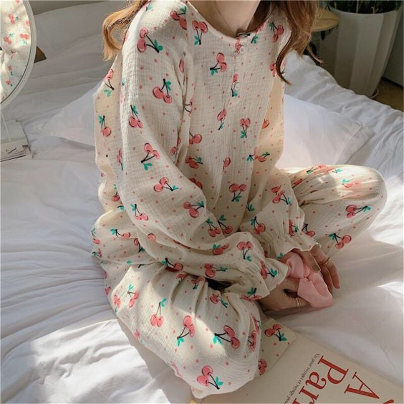 Summer Cotton Pajamas Set For Women Long Sleeve Print Thin Women's Sleepwear Loose Female Nightwear