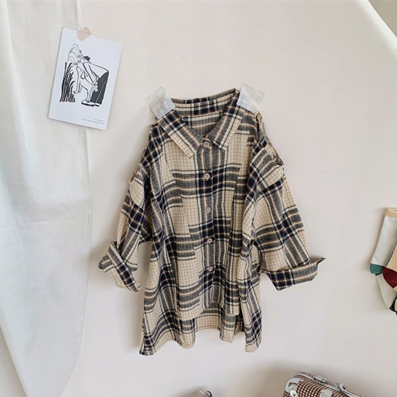 Spring Korean Style Baby Girls Plaid Long Shirts Loose casual Tops Off-shoulder Kids Clothes Children Blouses
