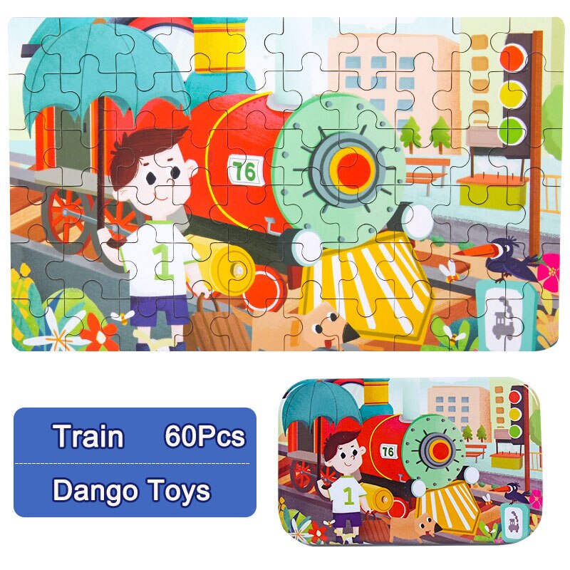 60 houten puzzels, cognitief educatief speelgoed voor kinderen met opbergruimte, blikken doos, kinderen, bezig met bord, houten speelgoed, kerstspelletjes: Trein