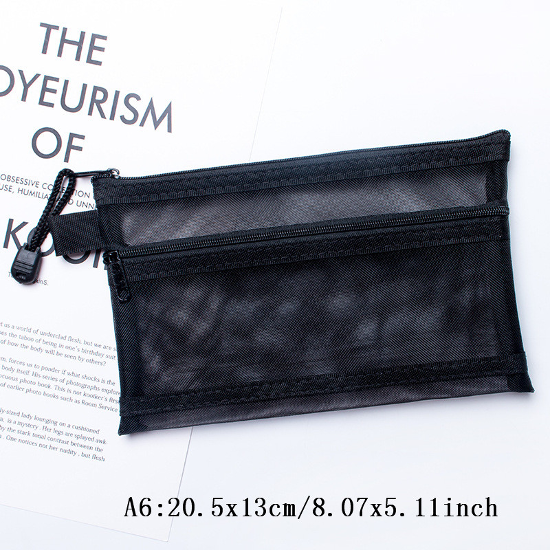 Transparent Mesh File Bag Portable Business Document Stationery Zipper Pocket Organizer Office Supplies Storage Tool Accessories: B-A6 Black