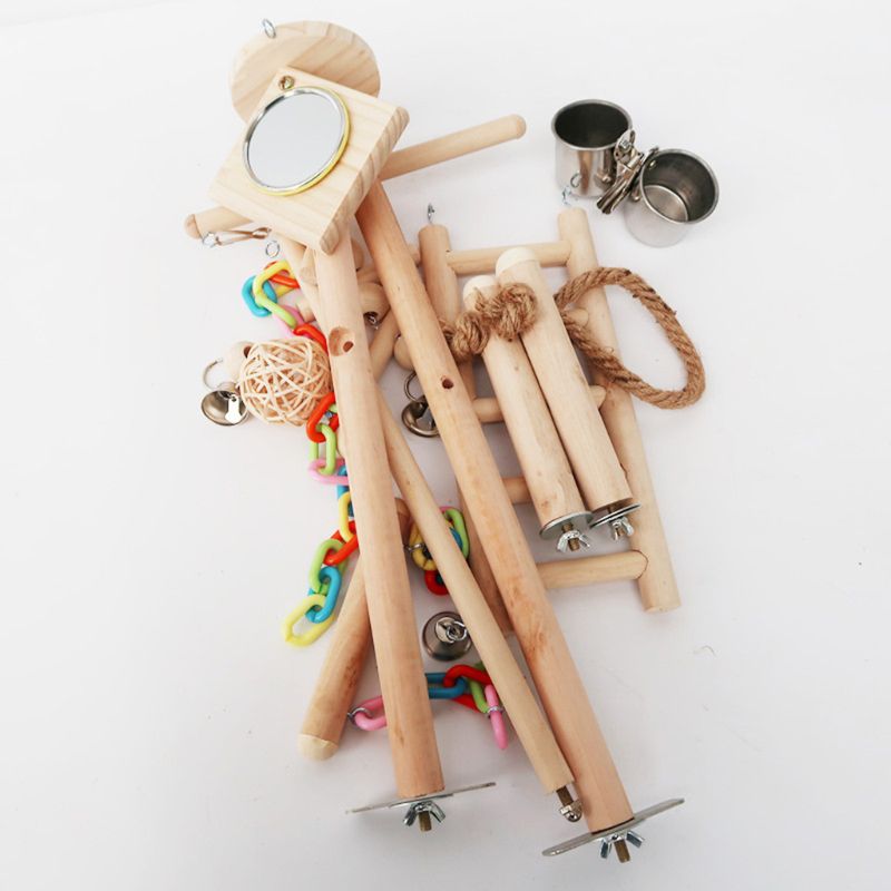 Espejo con pájaro loro soporte de juego Cockatiel parque infantil perca de madera escalera de gimnasio alimentador tazas columpio escalada ejercicio juguetes suministros para mascotas