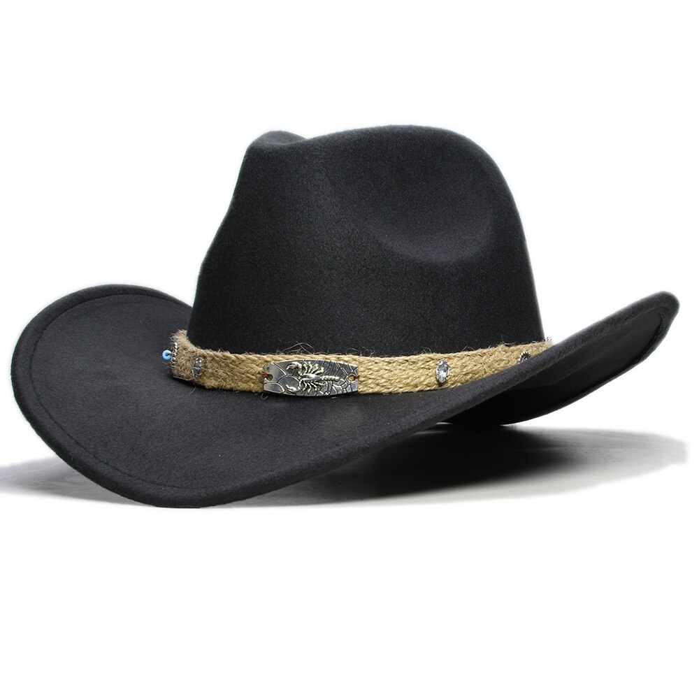 Retro beige skorpion strikket bånd forældre-barn kvinder mænd/kid uld bred skygge cowboy western hat cowgirl bowler kasket  (57cm/54cm): Sort / Voksen størrelse 57cm