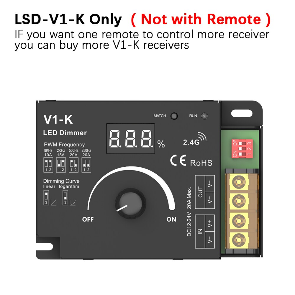 Rotary LED Dimmer DC 12V 24V PWM Wireless Frequency Adjustable 20A Single Color LED Strip Controller Knob 12 Volt Dimmer Switch: V1-K Dimmer Only