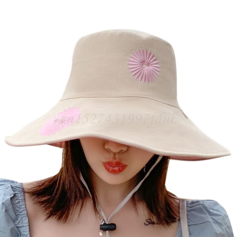 Women Summer Leisure Floppy Beach Sun Hat Reversible Sweet Daisy Sunflower Embroidery Wide Brim UV Protection Bucket Hat: BGP