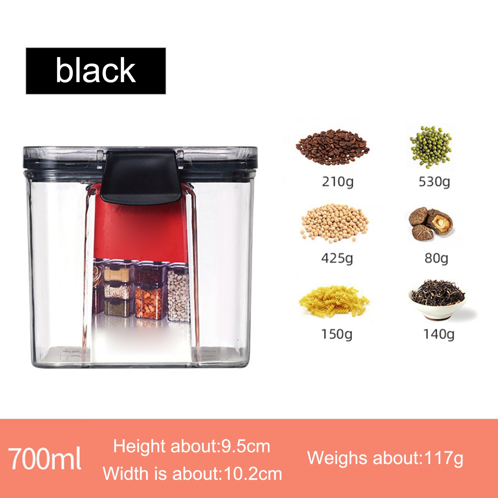 Food Storage Container Kitchen Organizer Box Storage Plastic Transparent Sealed Cans Jars for Spices Fridge Bulk Containers: 700ml Black