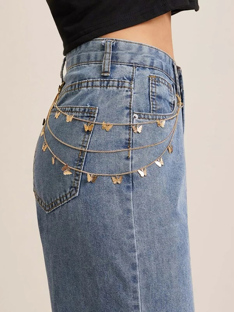 Awaytr Chic Vlinder Multilevel Laag Metalen Kettingen Taille Sleutelhanger Side Metalen Kettingriem Accessoires Sieraden Voor Jeans