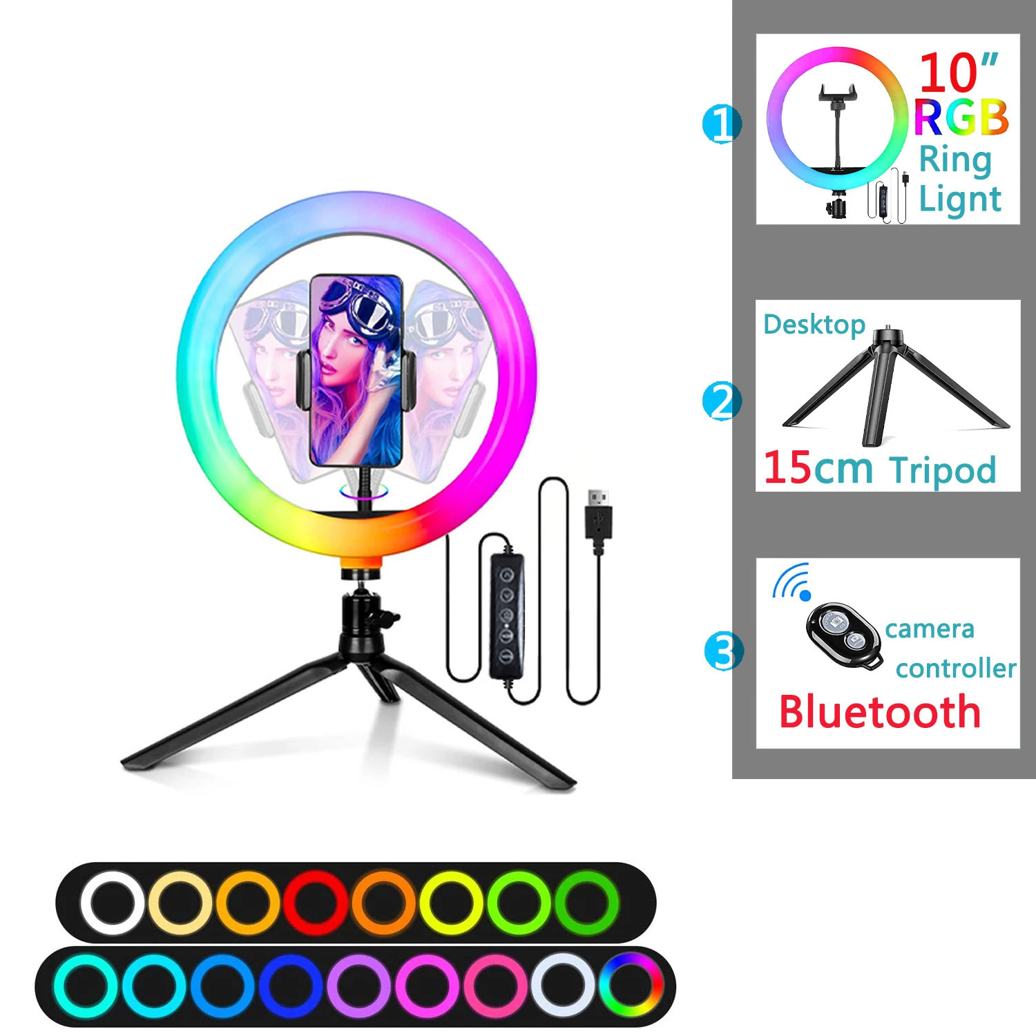 10 pollici RGB Selfie Ring Light Treppiede Supporto per telefono Fotografia RingLight Cerchio Luce di riempimento Lampada a colori a LED Trepied Makeup: Grigio chiaro