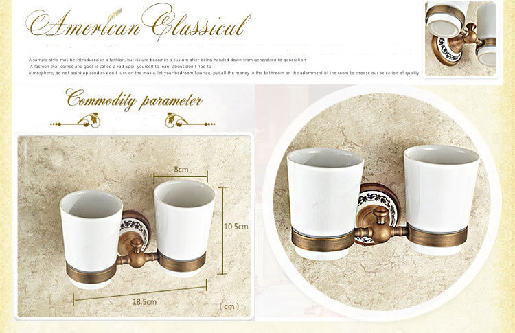 Mässing antikt porslin dubbelglas mugghållare tandborsthållare badrumstillbehör sanitetsporslin badrumsmöbel toalett