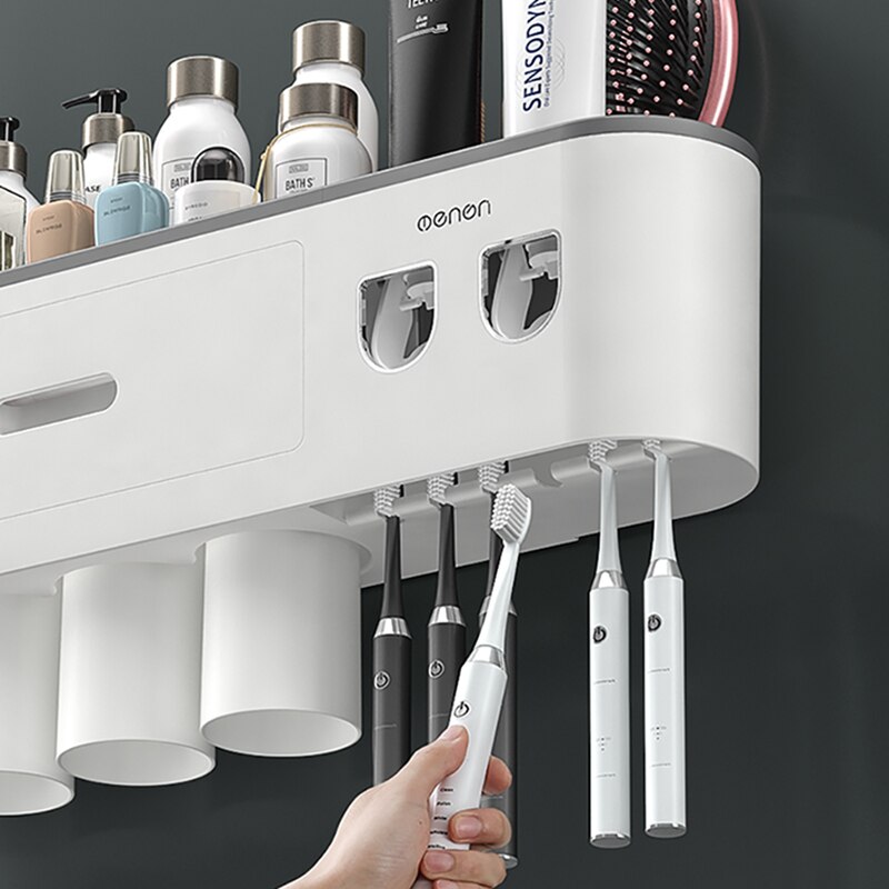 Magnetic Adsorption Inverted Toothbrush Holder Double Automatic Toothpaste Squeezer Dispenser Storage Rack Bathroom Accessories