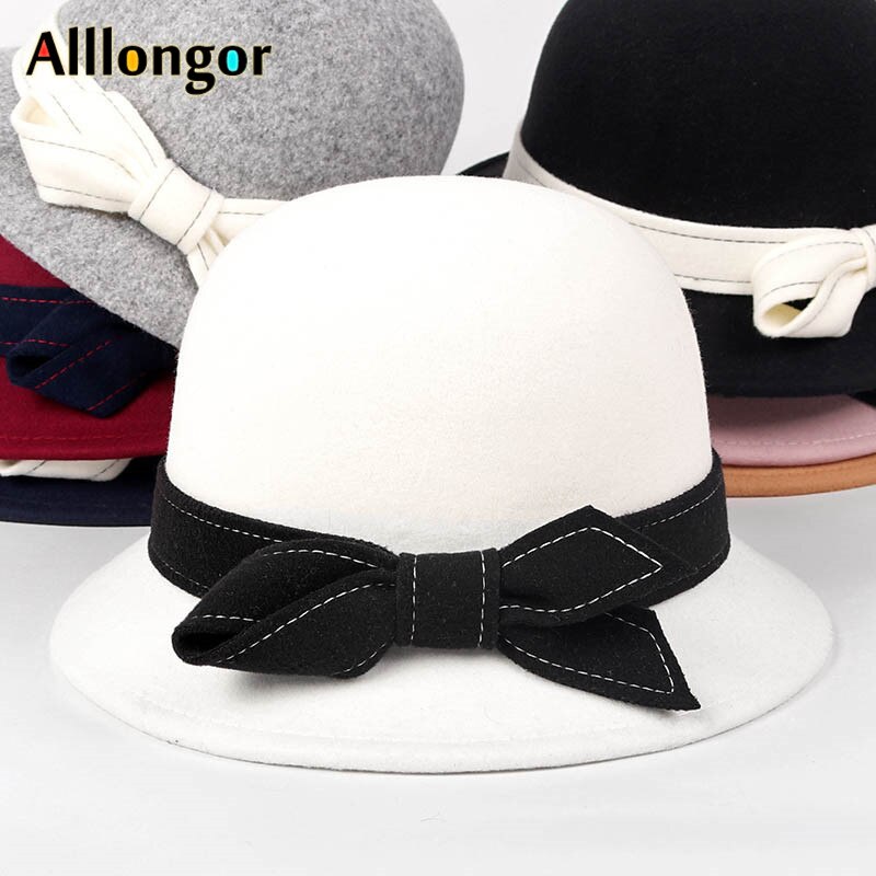 Efterår vinter derby hat kvinder sløjfe massiv grå sombrero mujer fedora hat damer formel vintage uld filt bowlerhat: Hvid