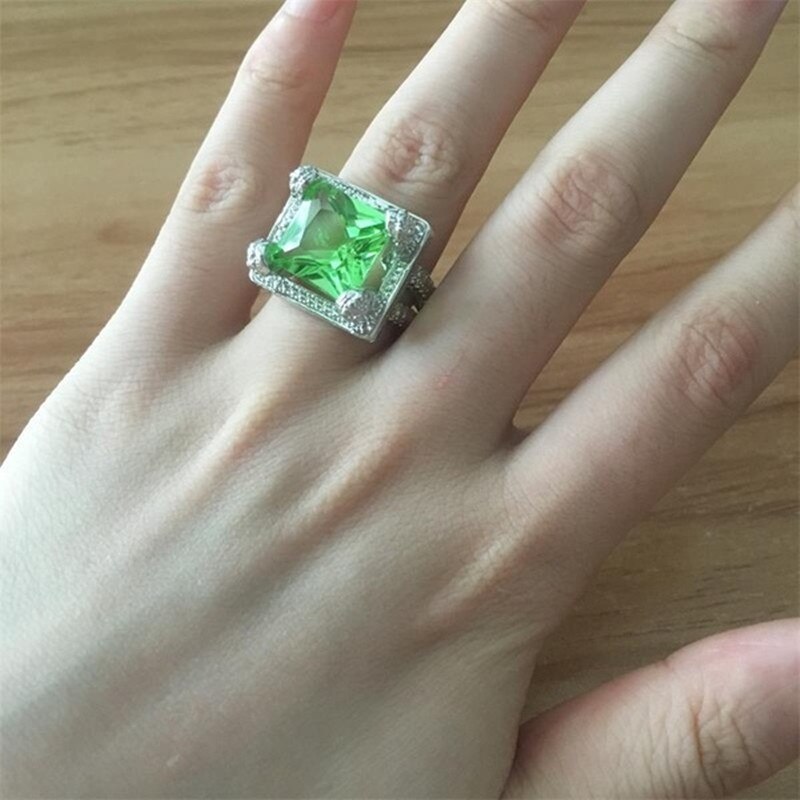 Fdlk luxo grande anel de cristal verde aaa cor prata zircão enchido jóias nupcial casamento noivado anel tamanho 5-12