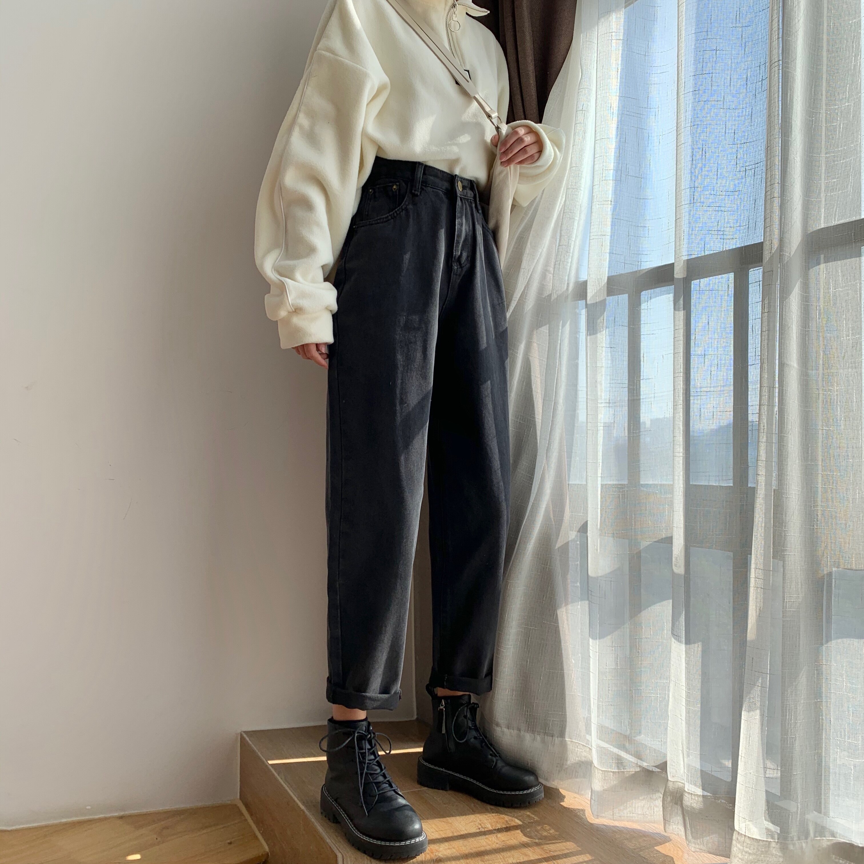 Jeans feminino preto em linha reta vintage lavado calças compridas rua wear all-match baggy outono moda ulzzang lazer adolescentes retro