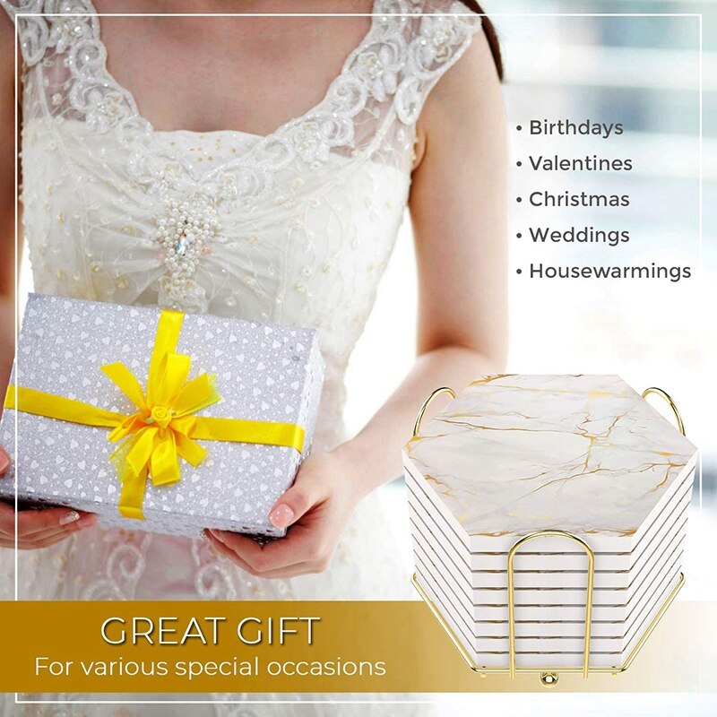 8 PC Coasters for Drinks Absorbent with Holder Marble Ceramic Coaster Set Super Absorbent and Cold Drink