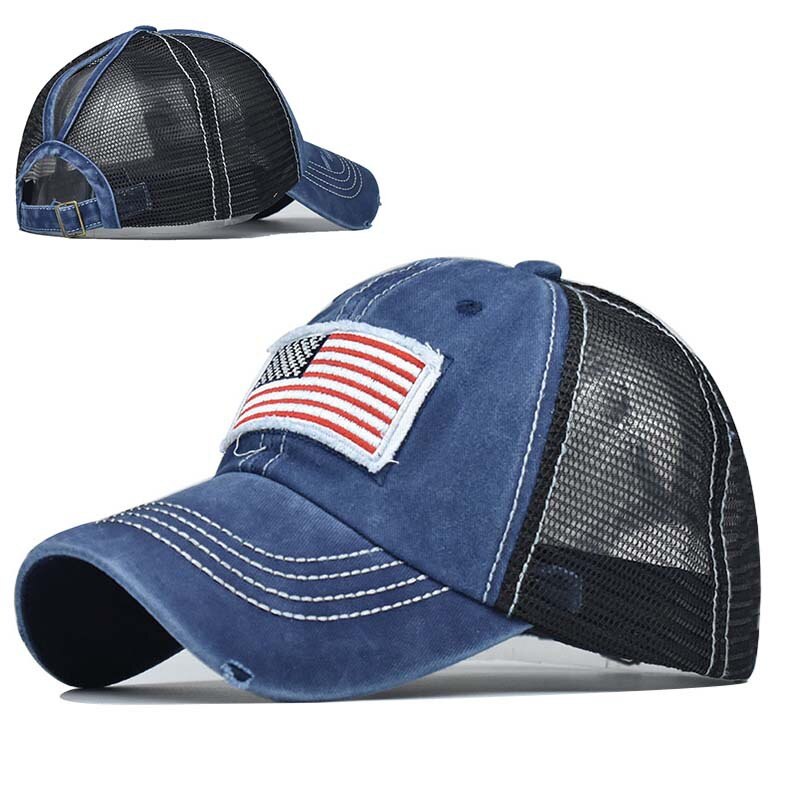 Bomuldsvasket hestehale revet mesh kasket flag broderet baseball kasket hestehale kasket hestehale casquette: Hul marineblå