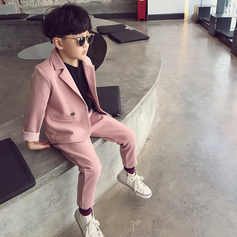 Baby Jongens Pakken Kids Blazers Zomer Enkele Breasted Shirts Vest Broek 3Pcs Set Jongens Formele Bruiloft Dragen Kinderen kleding: Roze / 9T