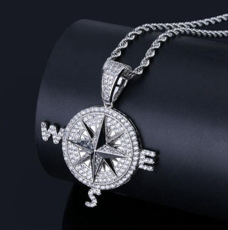 Männer vereist aus kubisch Zirkon Kompass Halskette & Anhänger Mit 4mm Tennis Kette Hüfte hüpfen Gold Silber Farbe Schmuck