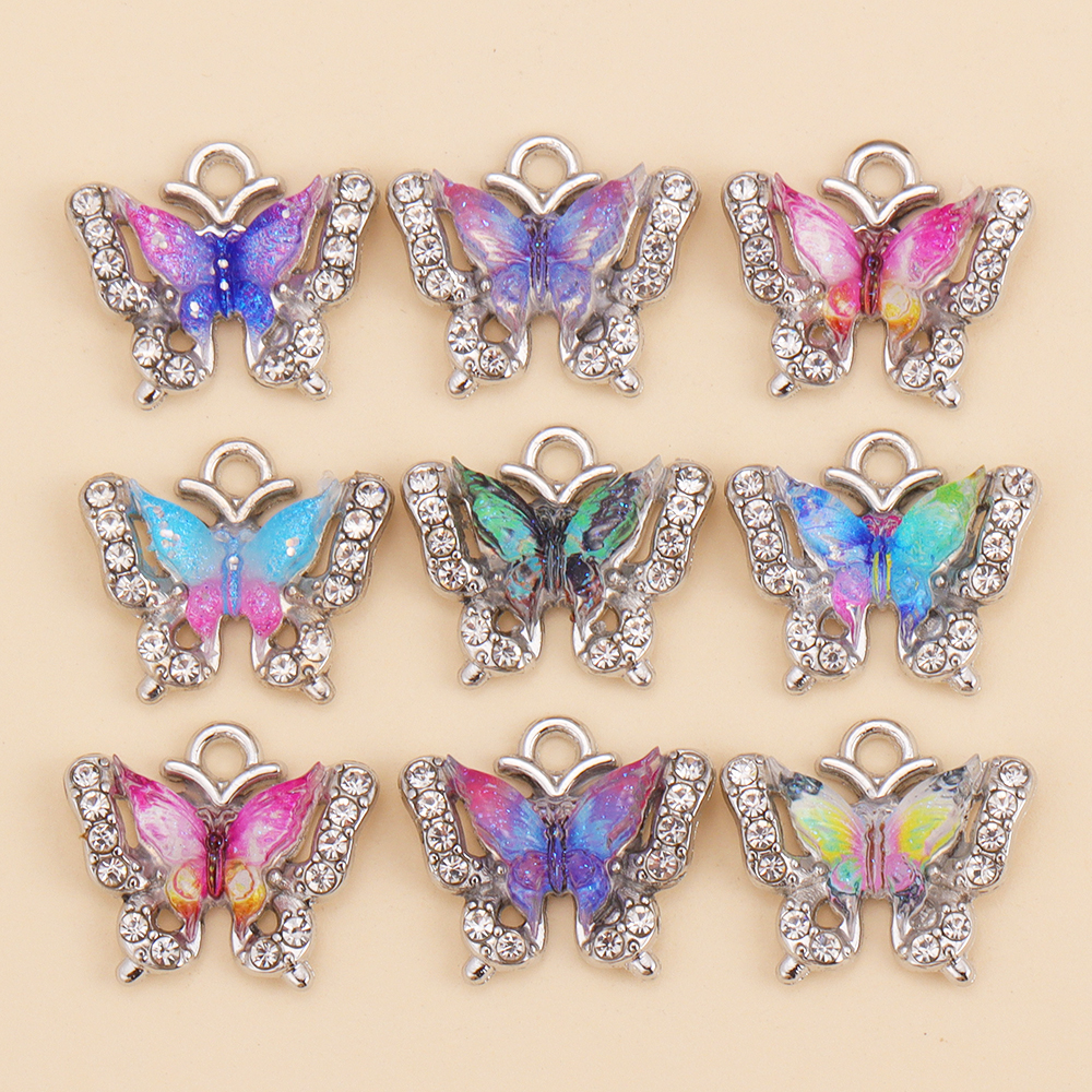 10 Uds. De abalorios de mariposa de cristal Multicolor de 11mm, colgante pequeño de cristal, manualidades, pendientes, collar, accesorios de decoración de joyería: Chapado en cobre envejecido