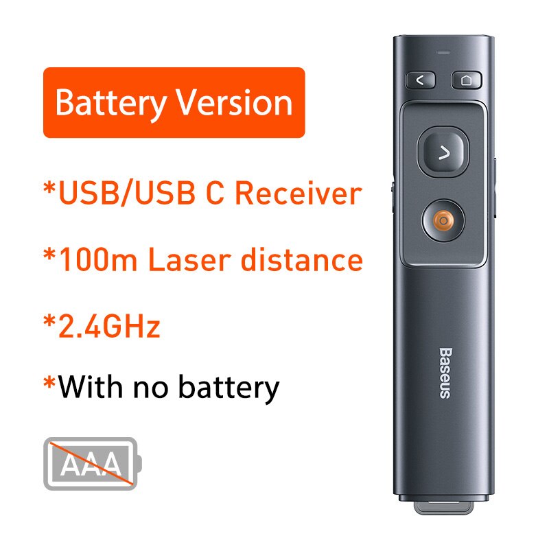 Baseus Draadloze Presenter Universele 2.4Ghz Pointer Afstandsbediening Infrarood Presenter Pen Voor Projector Powerpoint Ppt Slide: 100M Battery Type