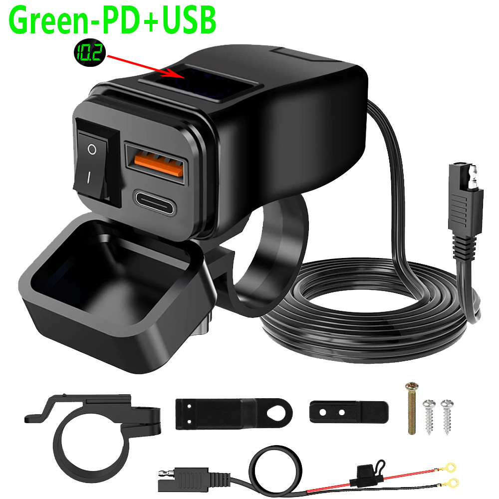 PD+QC3.0 Motorcycle USB Fast Charger 60W Handlebar Dual USB Socket with Switch Voltmeter Waterproof 12V Power Supply Adapter: green