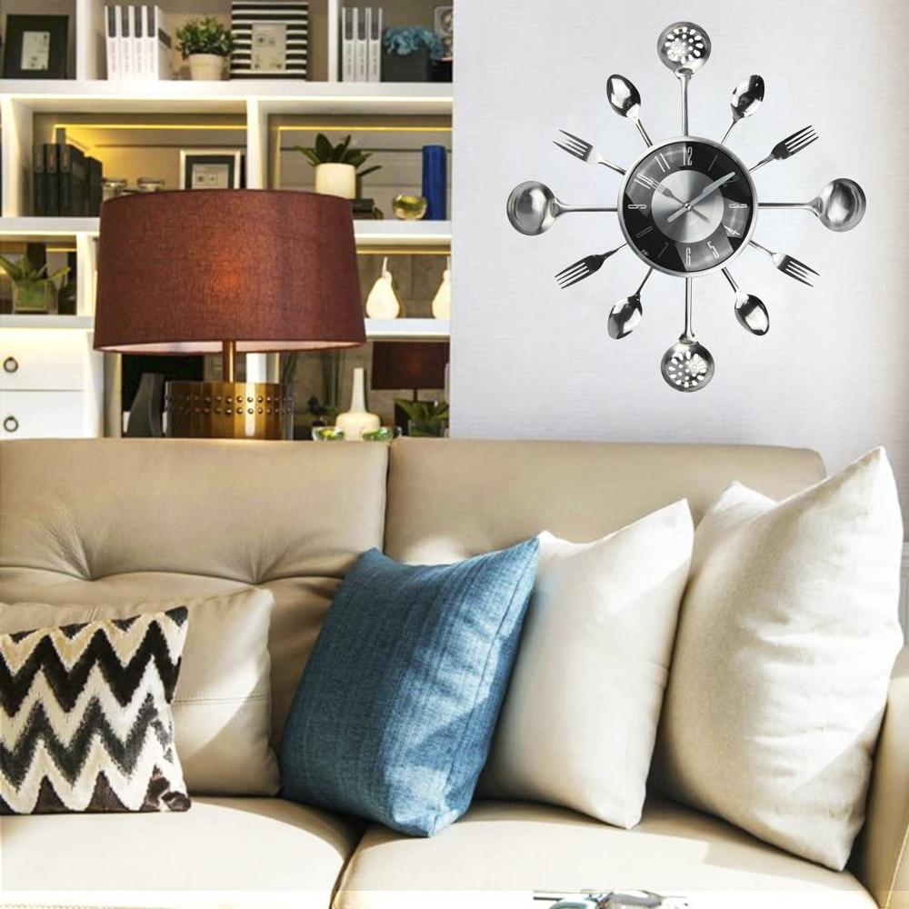 Large Cutlery Kitchen Wall Clock Medern Metal Kitchen Spoon Forks Wall Clocks Home Decor Wall Watch Horloge Murale