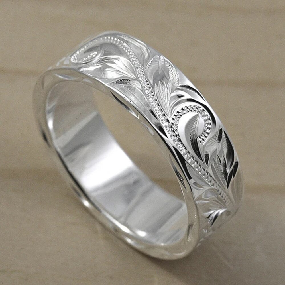 Huitan Trendy Engraved Flower Leaf Pattern Women Wedding Band Rings Romantic Accessories for Lover Versatile Jewelry